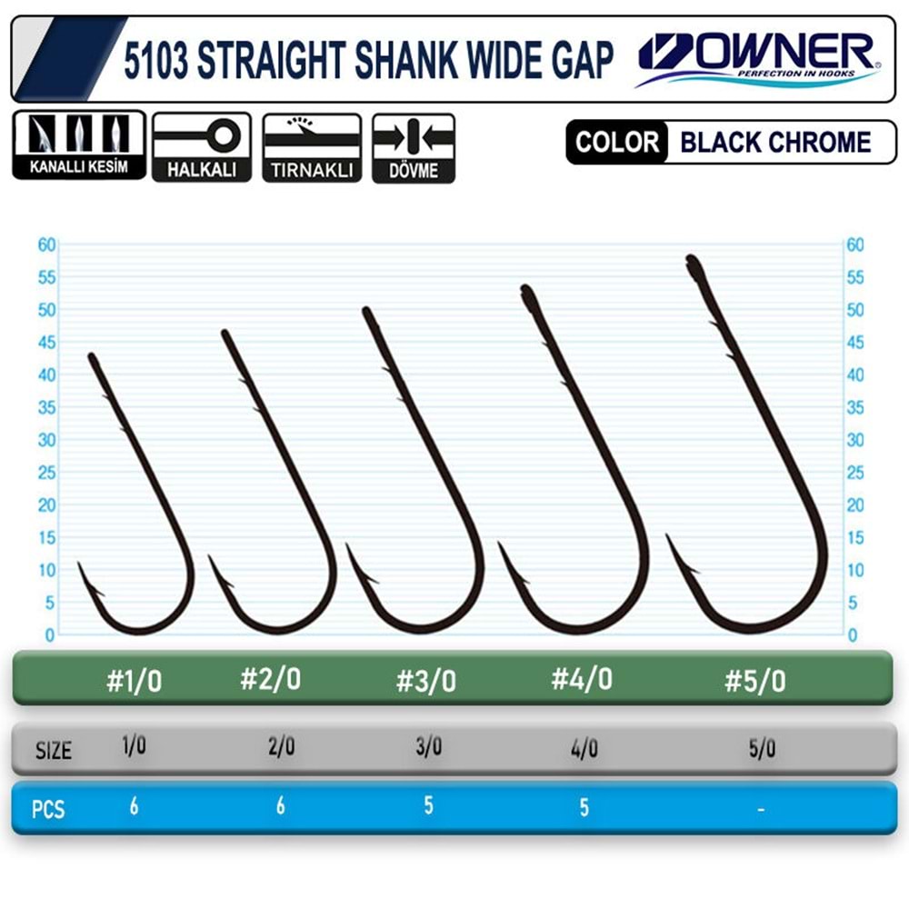 Owner 5103 Straight Shank Wide Gap Uzun Pala Lüfer İğnesi - 2/0