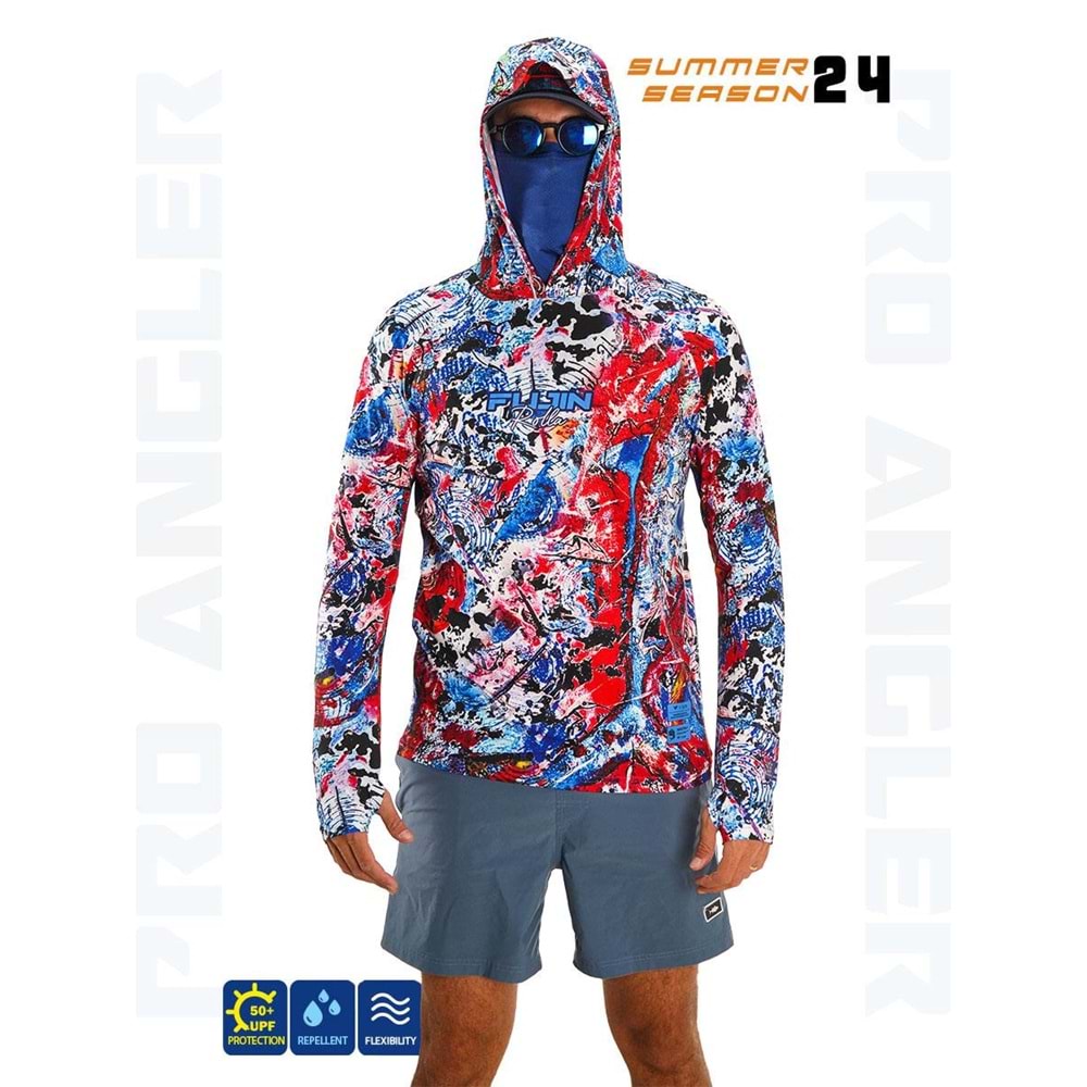 Fujin Pro Angler S24 Buff Hoodie Makai Blue Red - L